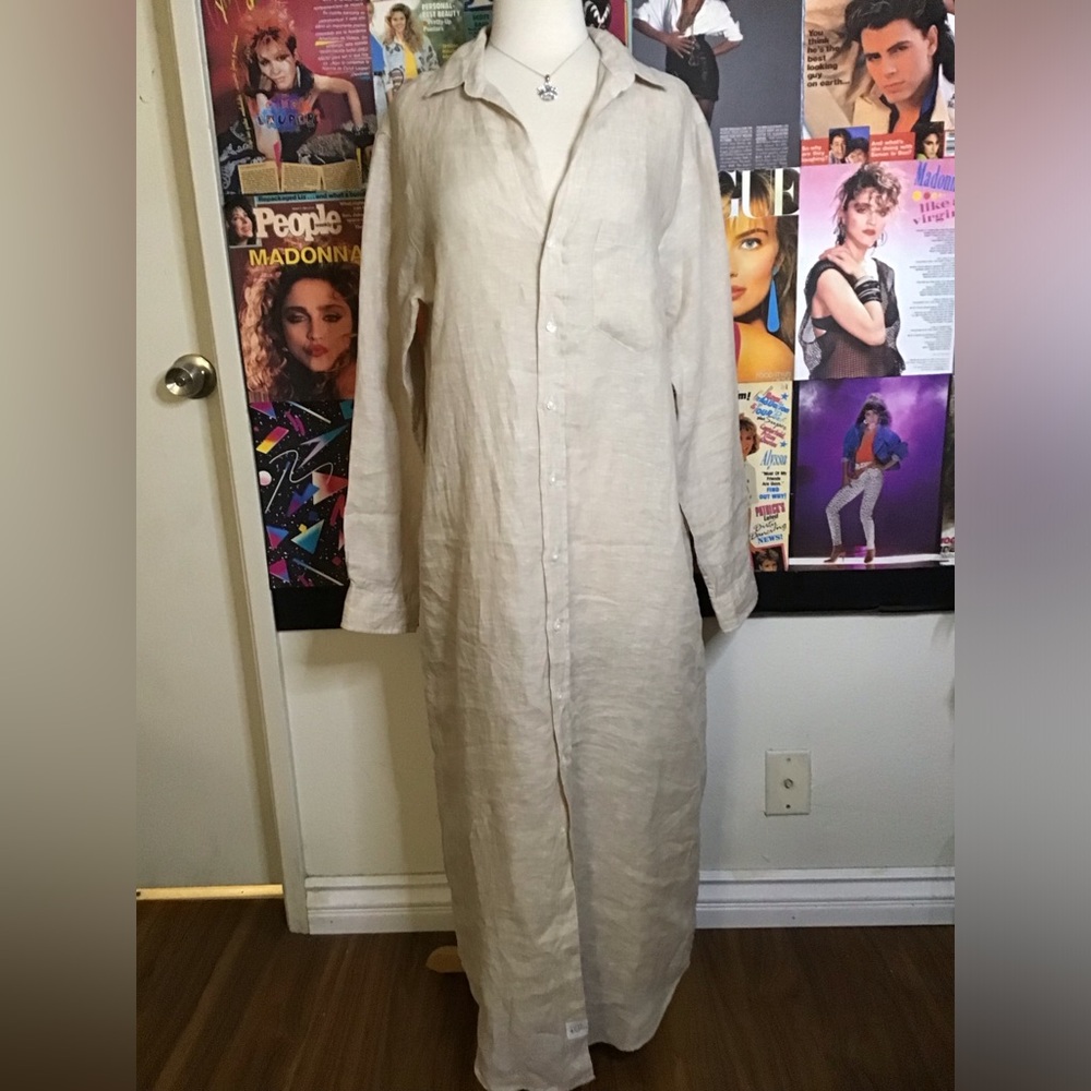 Frank & Eileen Long-Sleeve Linen Button-Front Dress in Natural Beige